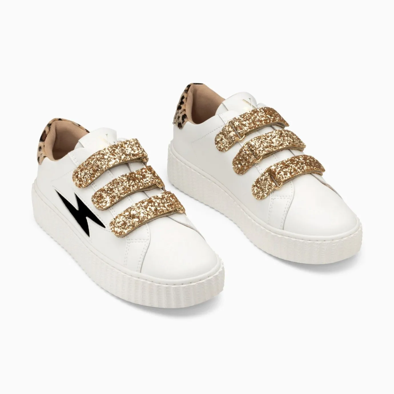 Vanessa Wu Sneakers | Baskets Eclair Angela Blanc Et Zebre A Scratchs Or