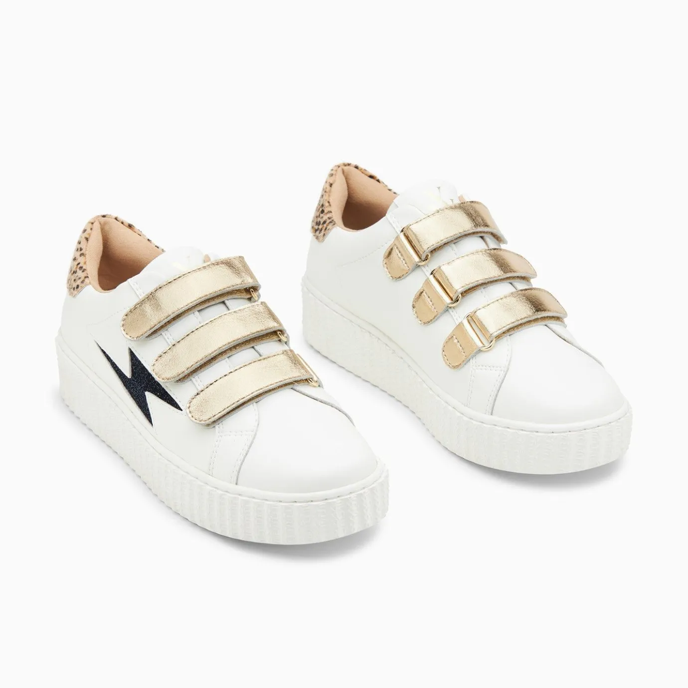 Vanessa Wu Sneakers | Baskets Eclair Darine Blanc Et Guepard A Scratchs Or