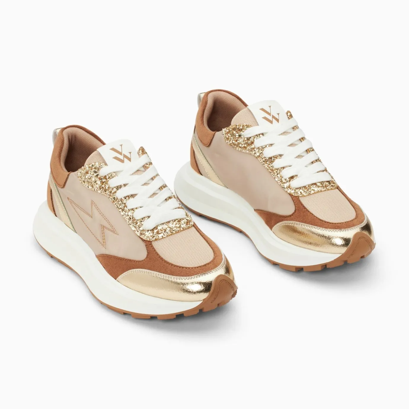 Vanessa Wu Sneakers | Baskets Eclair Esther Beige Et Or A Semelle Oversize