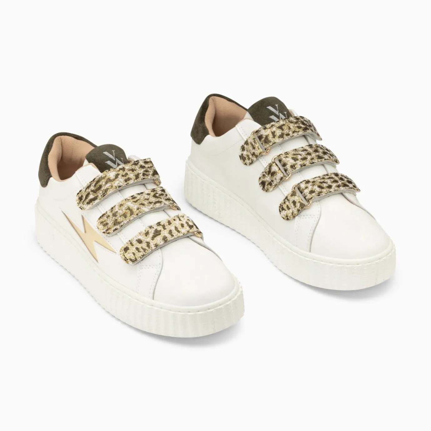 Vanessa Wu Sneakers | Baskets Eclair Lyanna Blanc Et Or A Scratchs Leopard Kaki