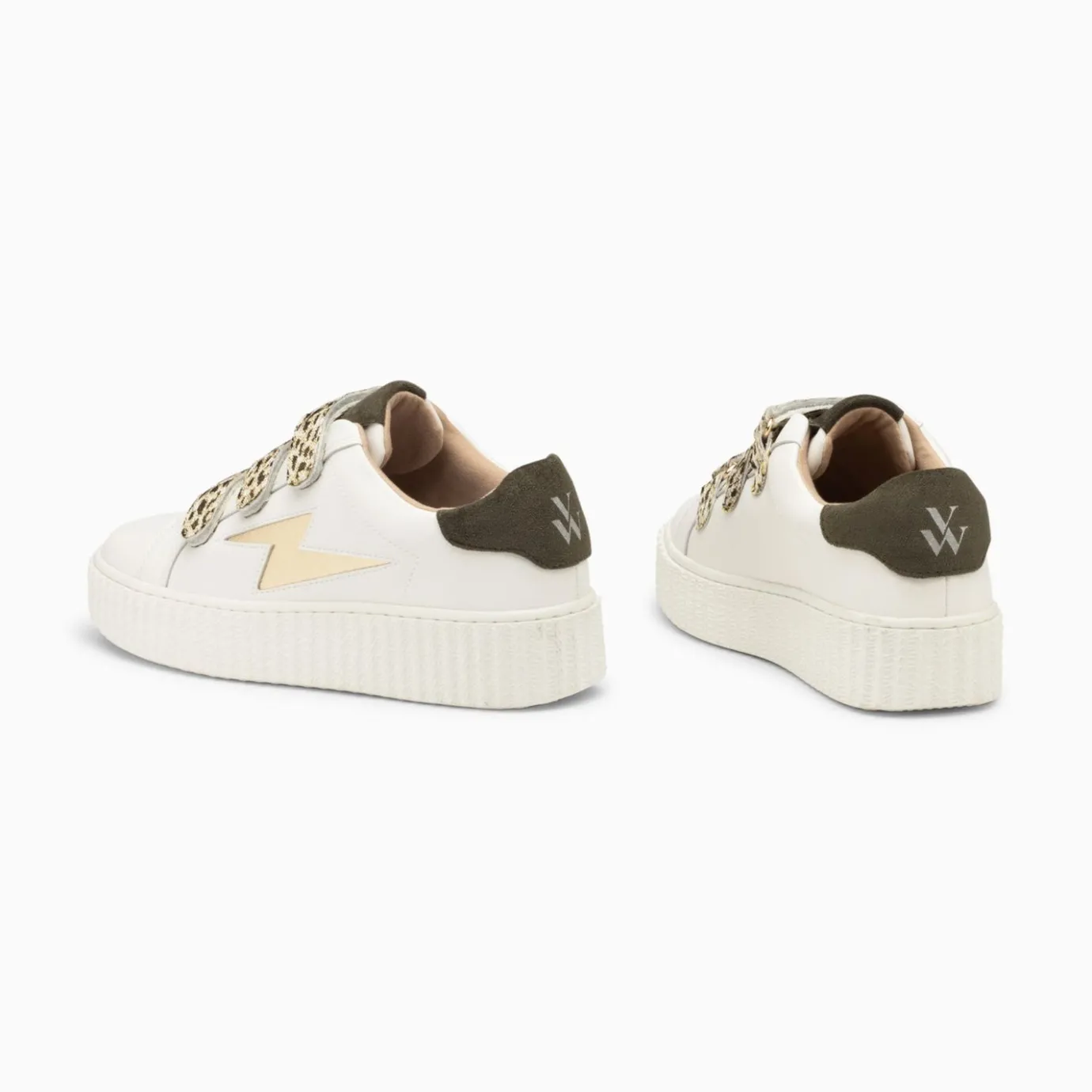 Vanessa Wu Sneakers | Baskets Eclair Lyanna Blanc Et Or A Scratchs Leopard Kaki