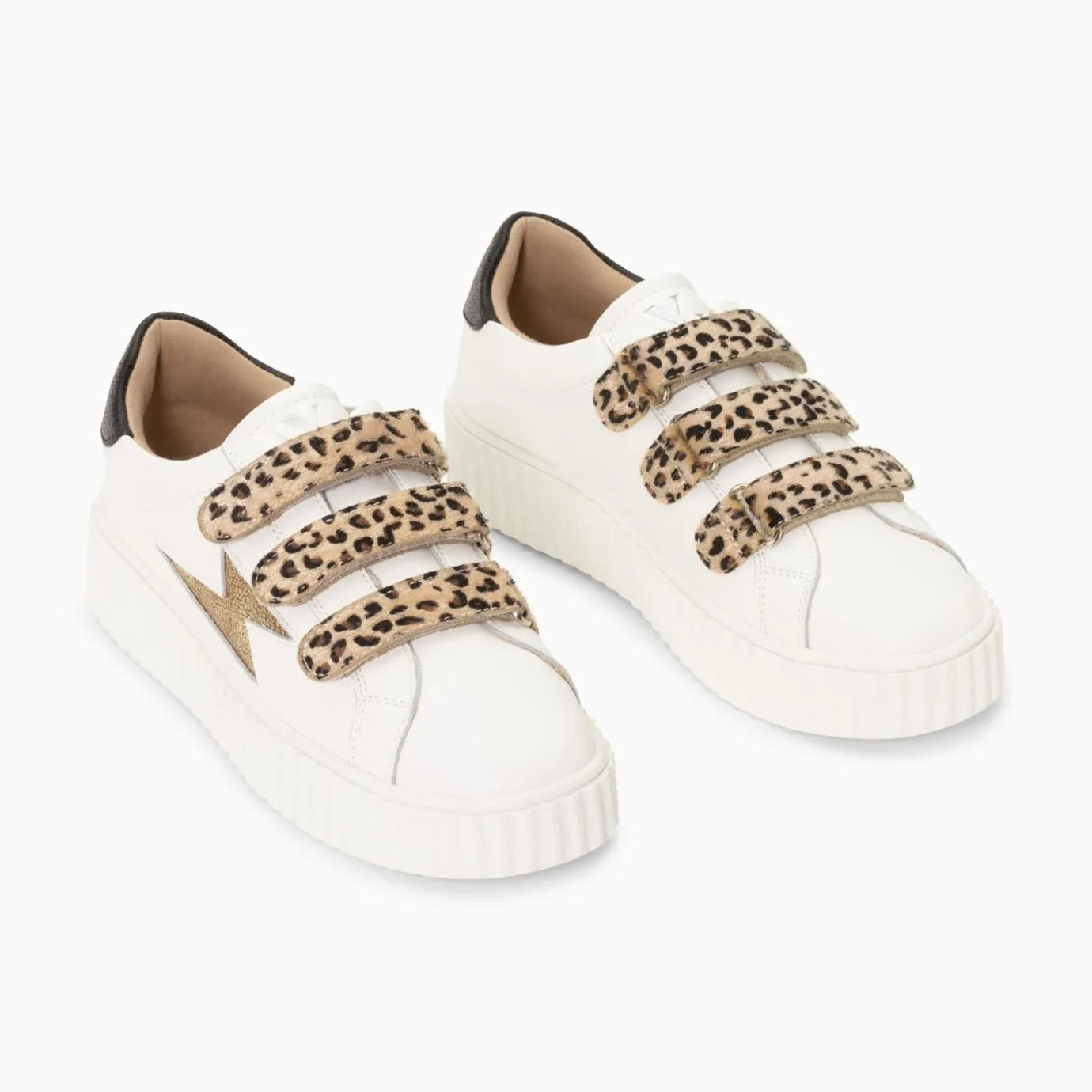 Vanessa Wu Sneakers | Baskets Eclair Maggie-Jane Blanc Et Or En Cuir A Scratchs Leopard