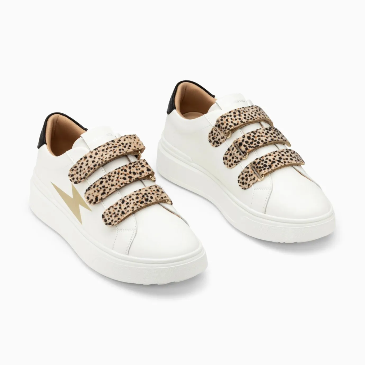 Vanessa Wu Sneakers | Baskets Eclair Salome Blanc Et Or A Scratchs Guepard