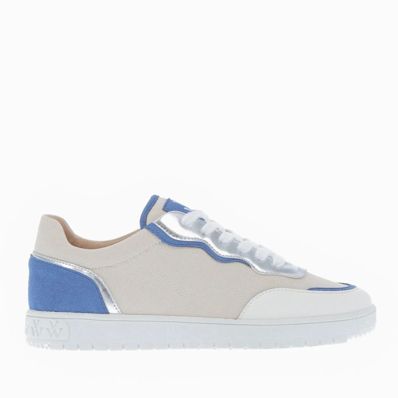 Vanessa Wu Sneakers | Baskets Enora En Toile Beige A Details Bleu Et Argent