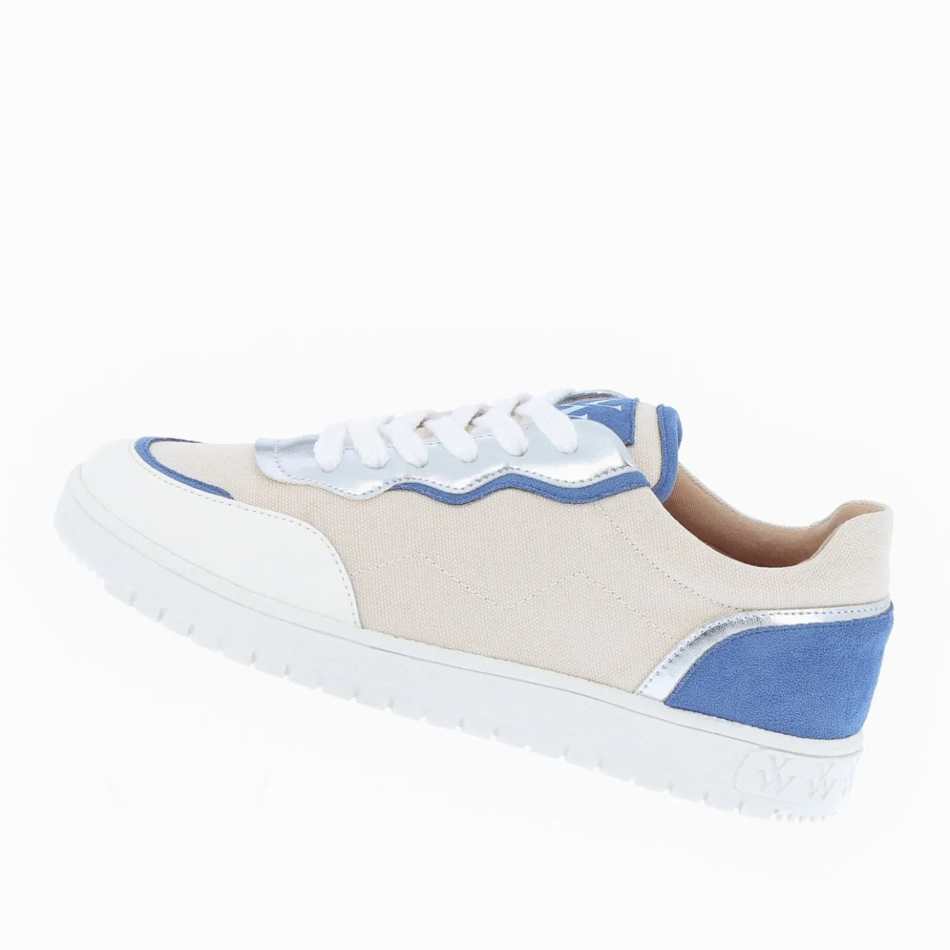 Vanessa Wu Sneakers | Baskets Enora En Toile Beige A Details Bleu Et Argent