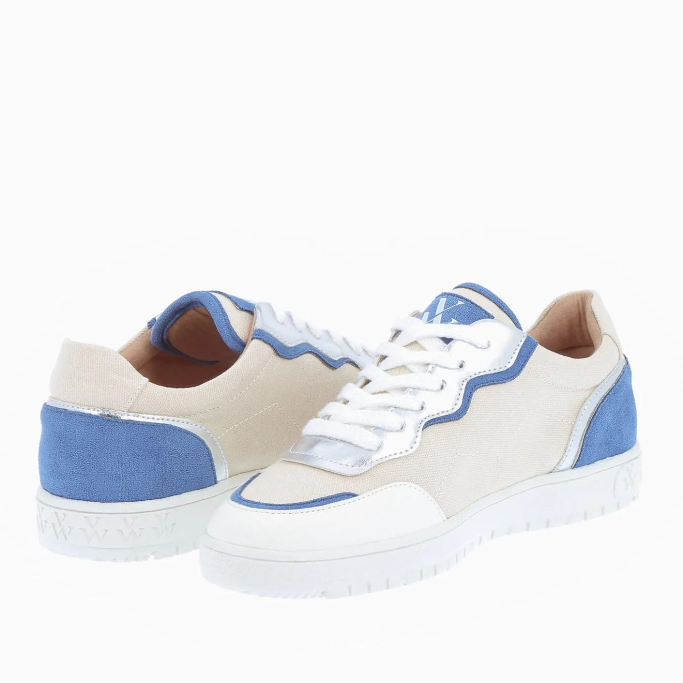 Vanessa Wu Sneakers | Baskets Enora En Toile Beige A Details Bleu Et Argent