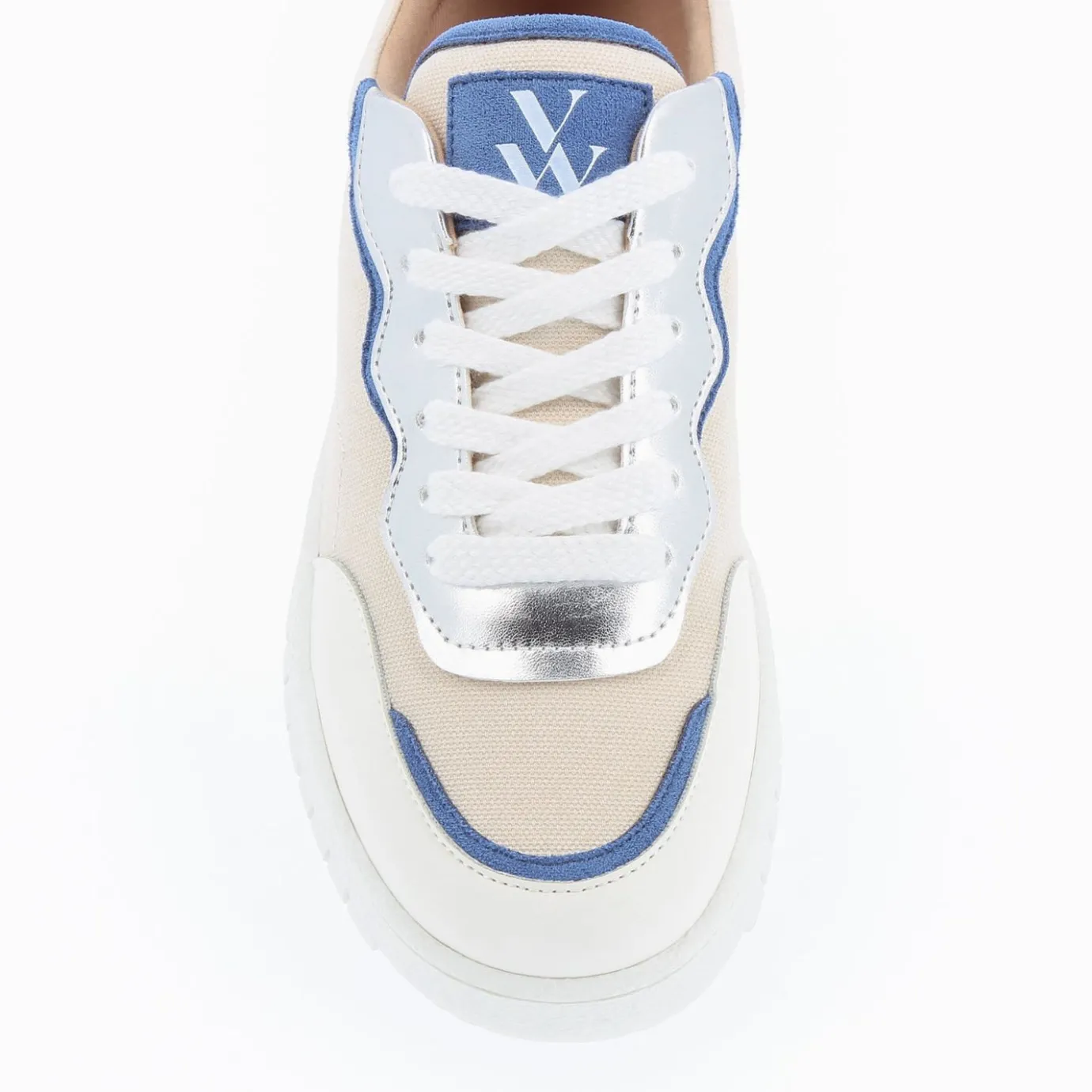 Vanessa Wu Sneakers | Baskets Enora En Toile Beige A Details Bleu Et Argent