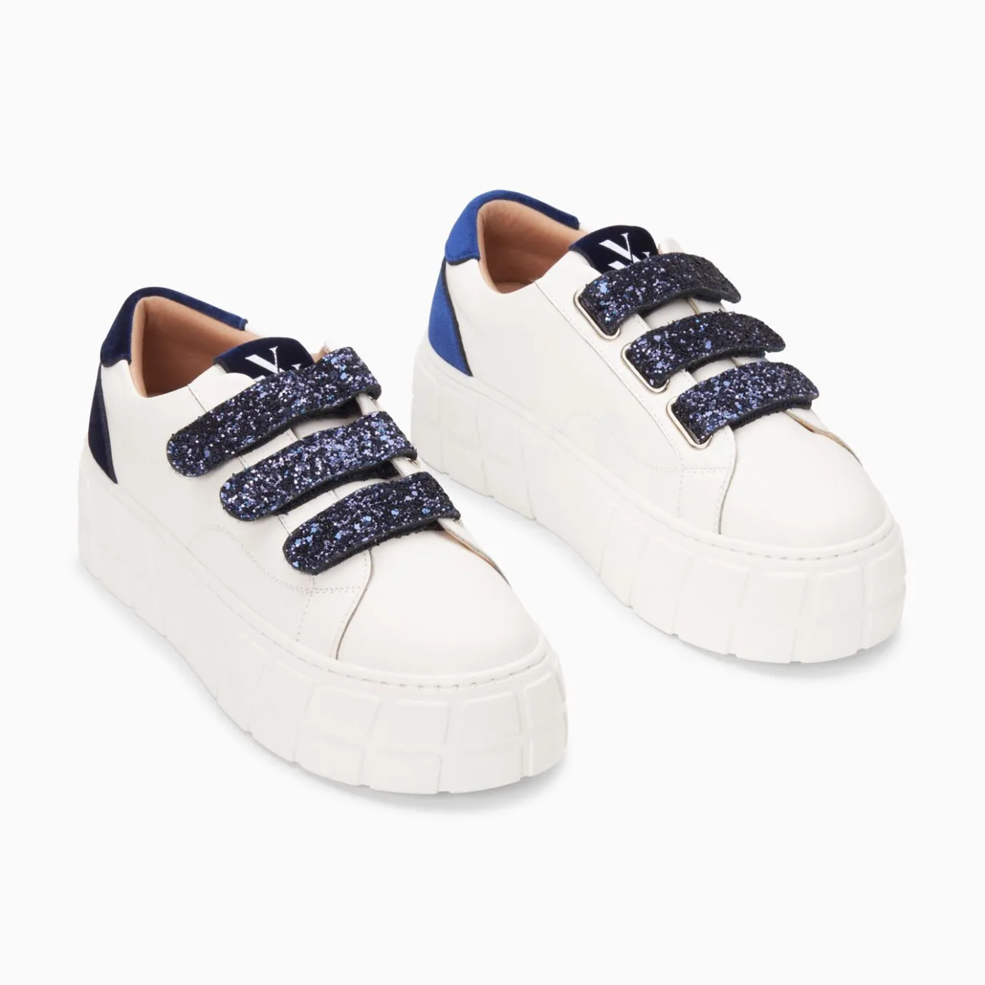 Vanessa Wu Sneakers | Baskets Monica Blanc Et Bleu Marine A Scratchs Glitter Et Plateforme