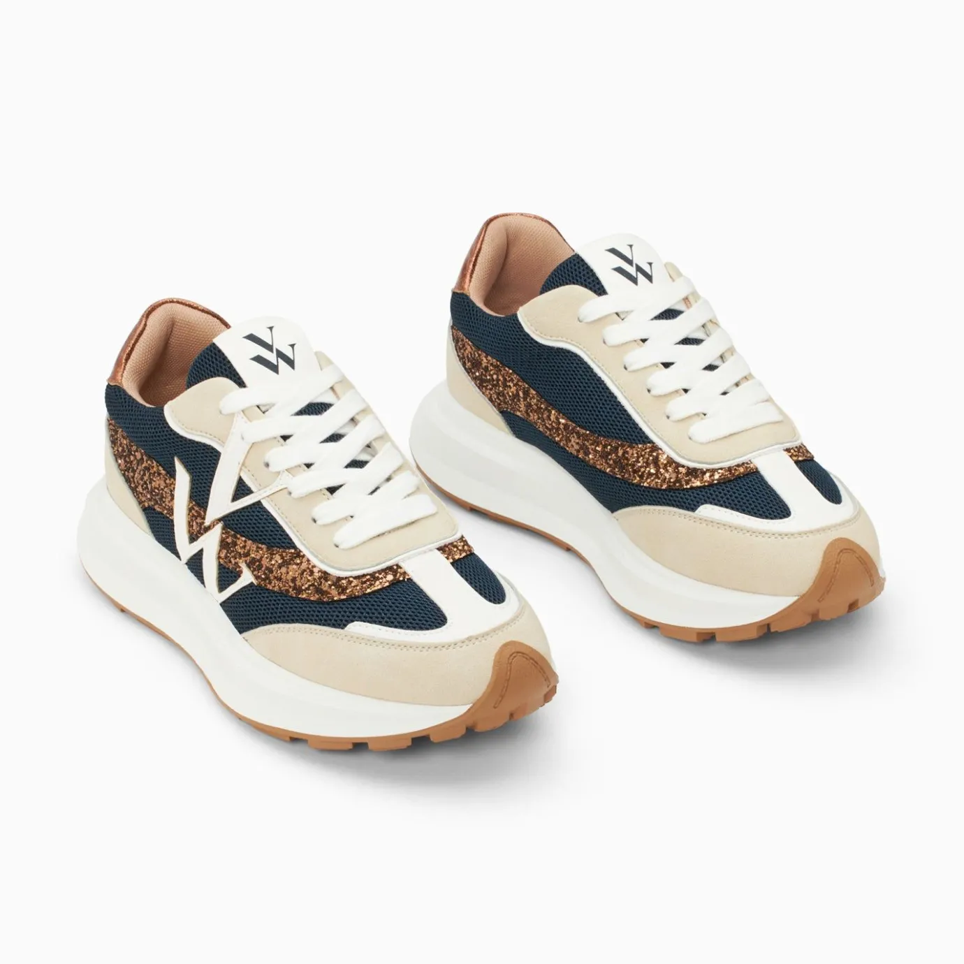 Vanessa Wu Sneakers | Baskets Monogramme Ines Marine Et Bronze A Semelle Oversize