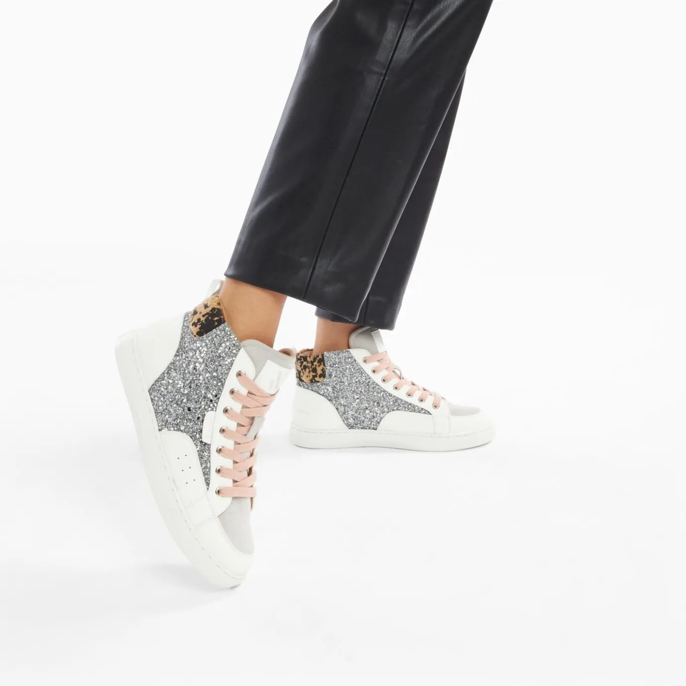 Vanessa Wu Sneakers | Baskets Montantes Gwen A Paillettes Argent Et Lacets Vieux Rose