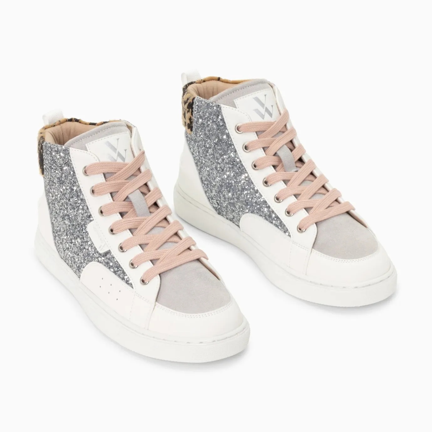 Vanessa Wu Sneakers | Baskets Montantes Gwen A Paillettes Argent Et Lacets Vieux Rose