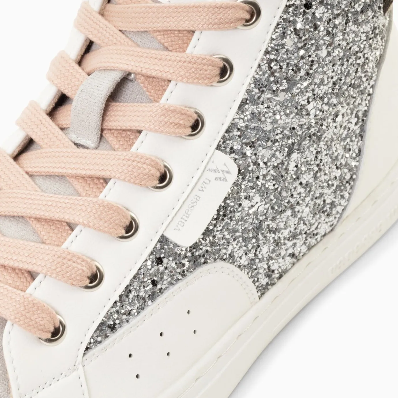 Vanessa Wu Sneakers | Baskets Montantes Gwen A Paillettes Argent Et Lacets Vieux Rose