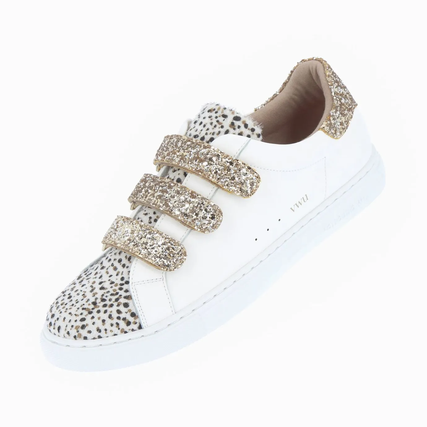 Vanessa Wu Sneakers | Baskets Nour Blanc Et Imprime Leopard A Scratchs Or