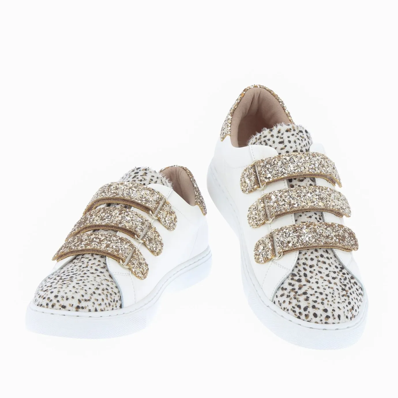 Vanessa Wu Sneakers | Baskets Nour Blanc Et Imprime Leopard A Scratchs Or