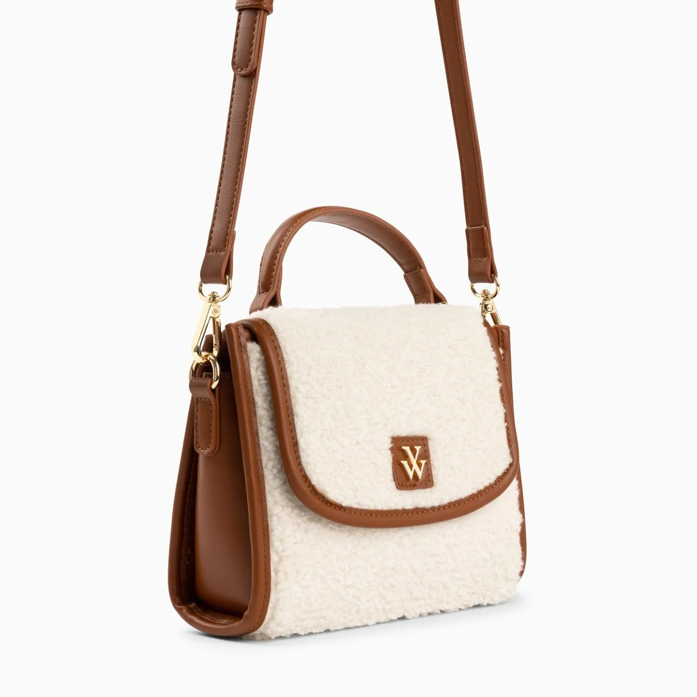 Vanessa Wu Sacs | Mini Sac A Main Victoria Ivoire Et Camel En Faux Shearling