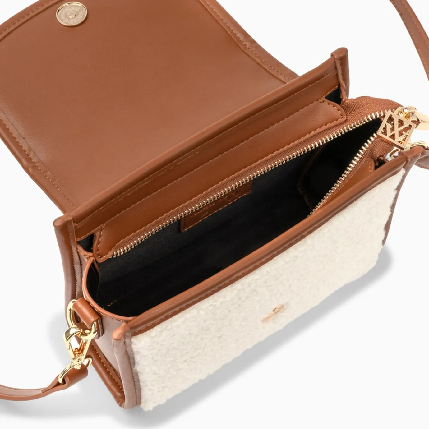Vanessa Wu Sacs | Mini Sac A Main Victoria Ivoire Et Camel En Faux Shearling