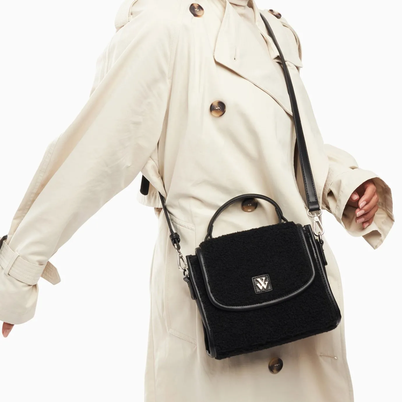 Vanessa Wu Sacs | Mini Sac A Main Victoria Noir En Faux Shearling