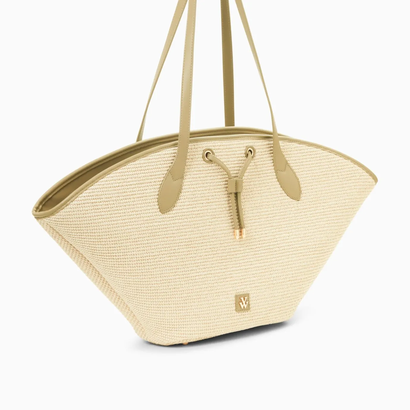 Vanessa Wu Sacs | Panier Oversize Vivienne En Raphia Beige A Details Kaki