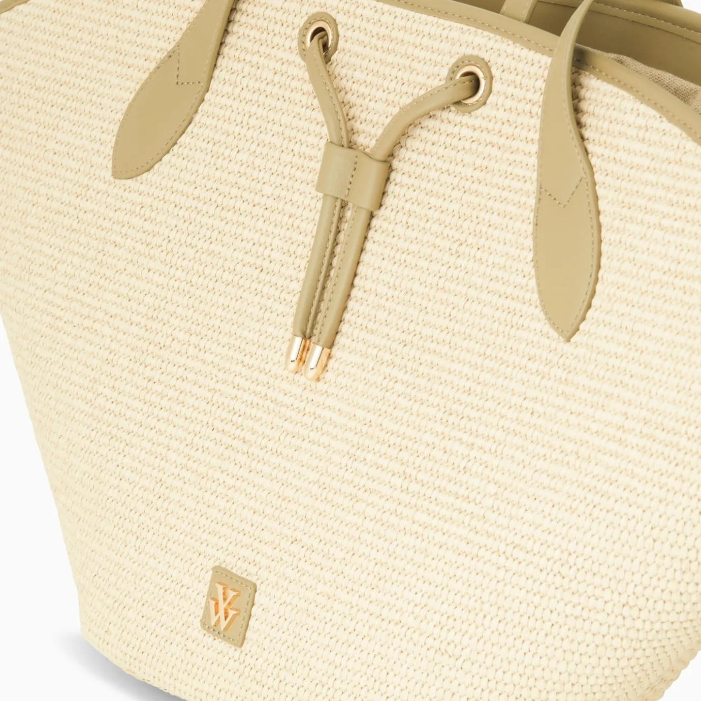 Vanessa Wu Sacs | Panier Oversize Vivienne En Raphia Beige A Details Kaki