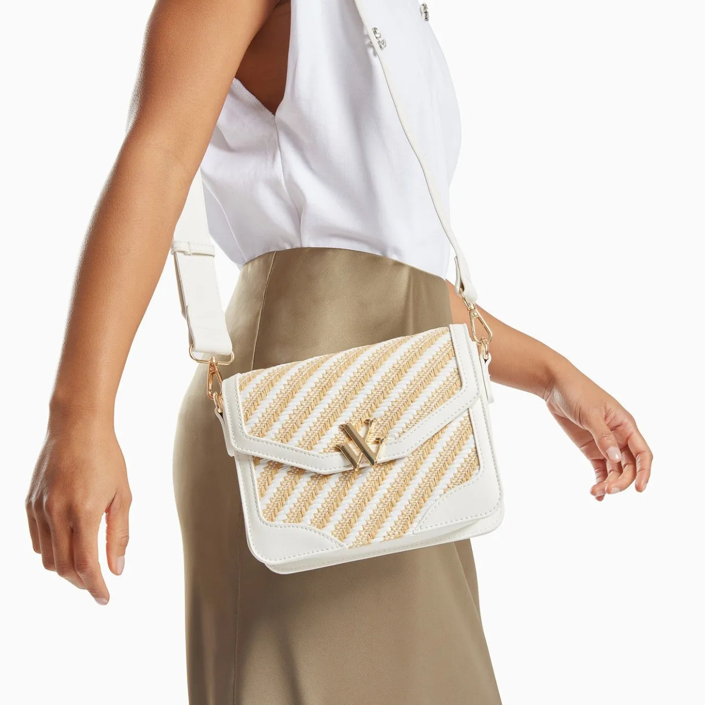 Vanessa Wu Sacs | Petit Sac Cartable Aline Blanc Et Beige Tresse