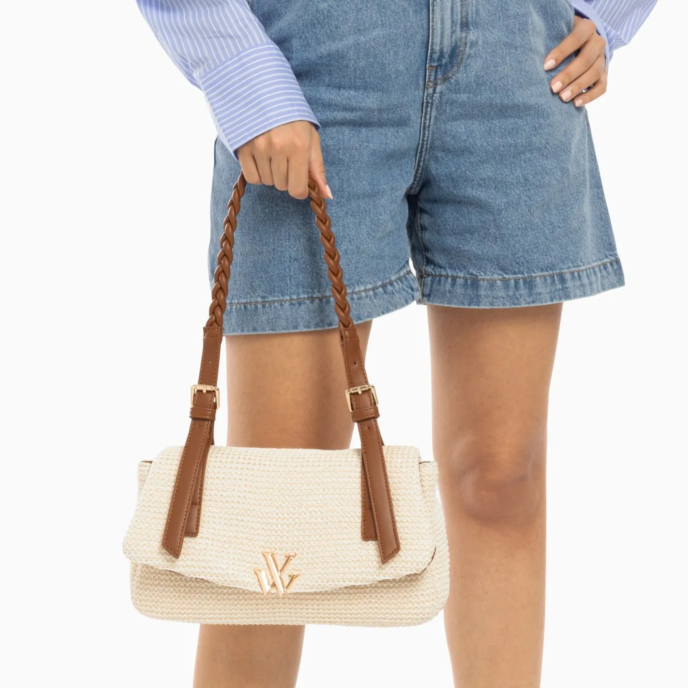 Vanessa Wu Sacs | Sac Baguette Isaline En Raphia Beige Clair A Anse Tressee