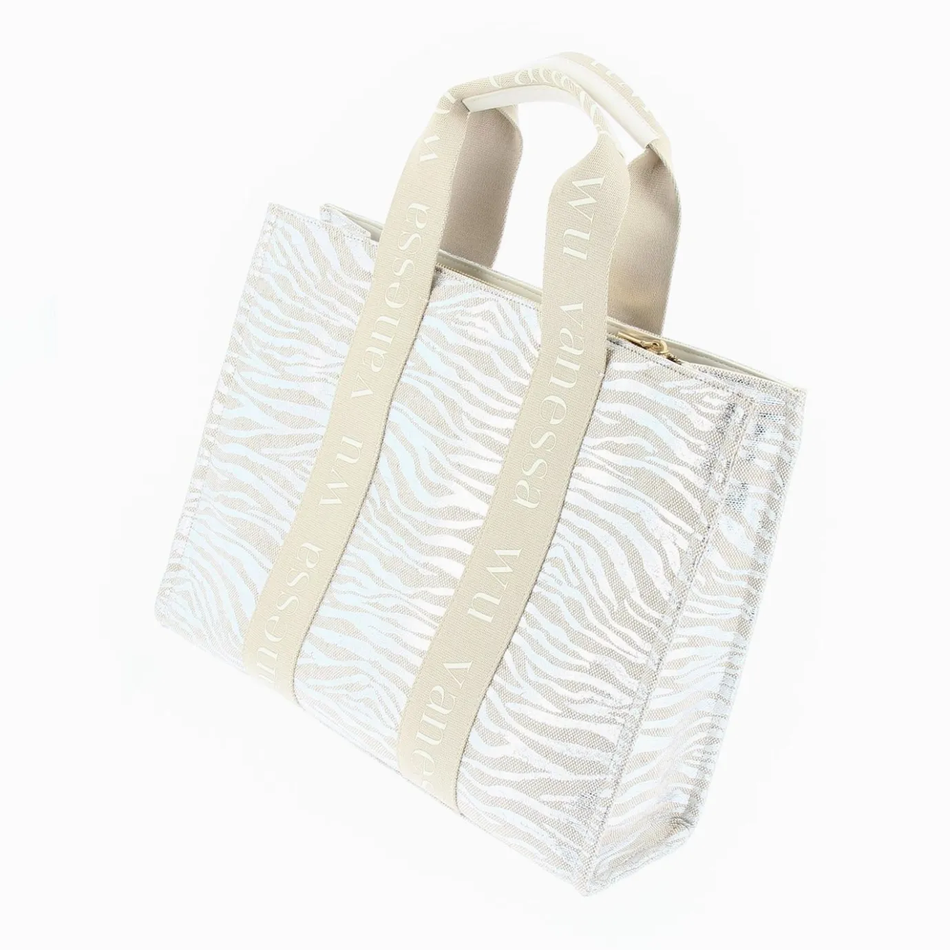 Vanessa Wu Sacs | Sac Shopper Carolina Zebre Argent A Anses Beige