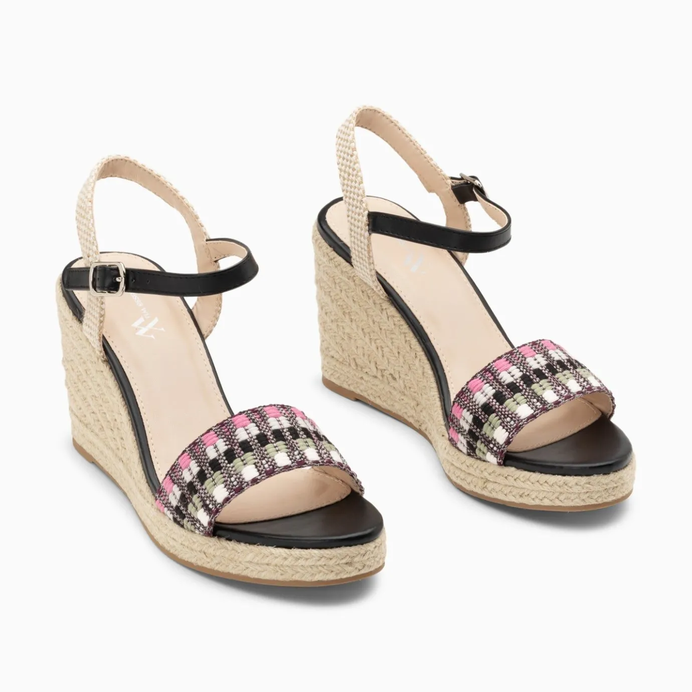 Vanessa Wu Sandales À Talon, Compensées | Sandales Compensees Honorine Noir Et Rose En Tissu Jacquard