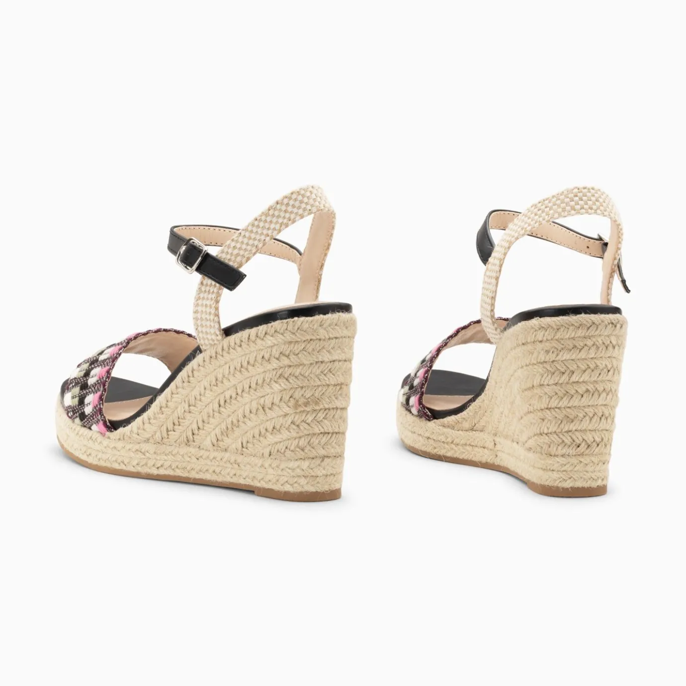 Vanessa Wu Sandales À Talon, Compensées | Sandales Compensees Honorine Noir Et Rose En Tissu Jacquard