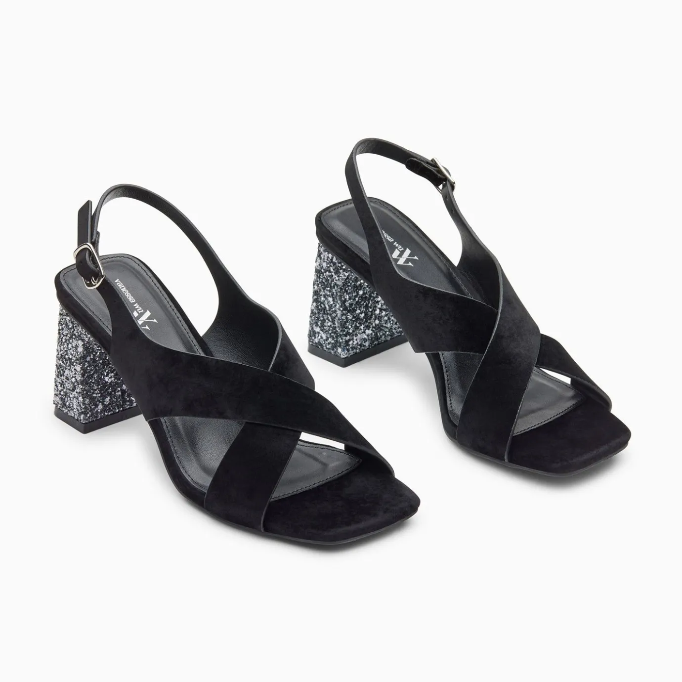 Vanessa Wu Sandales À Talon, Compensées | Sandales Milan Noires A Brides Croisees Et Talon Argent Paillete