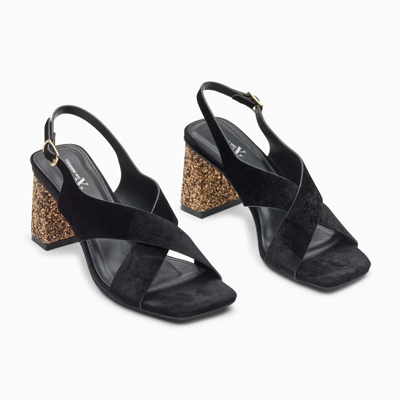 Vanessa Wu Sandales À Talon, Compensées | Sandales Milan Noires A Brides Croisees Et Talon Bronze Paillete