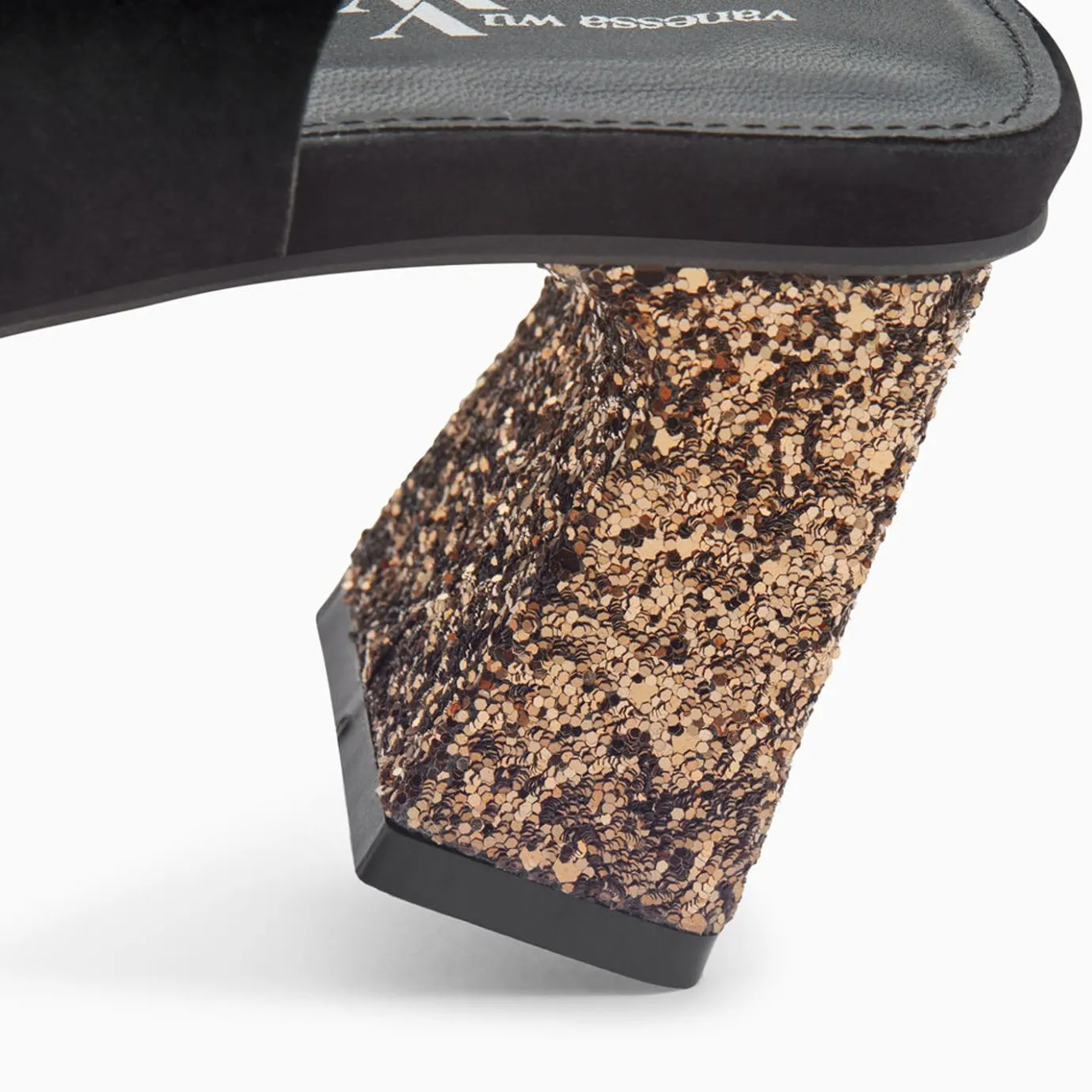 Vanessa Wu Sandales À Talon, Compensées | Sandales Milan Noires A Brides Croisees Et Talon Bronze Paillete