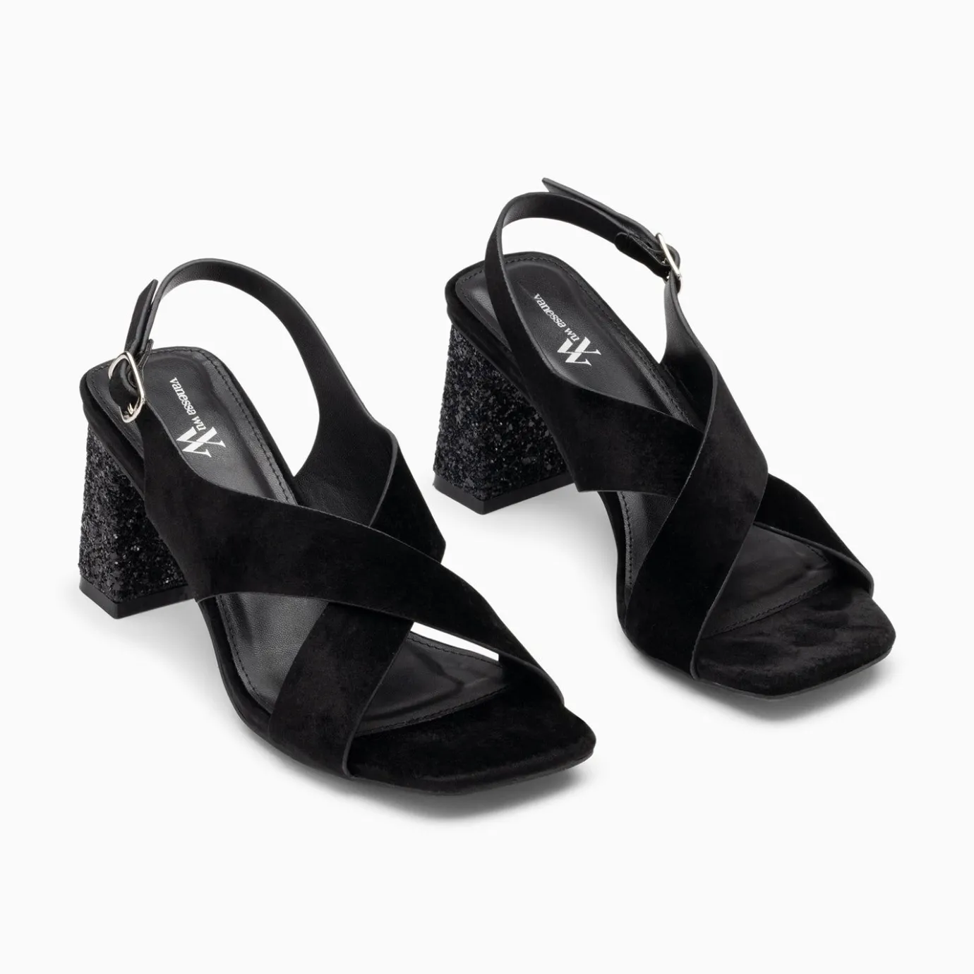 Vanessa Wu Sandales À Talon, Compensées | Sandales Milan Noires A Brides Croisees Et Talon Noir Paillete