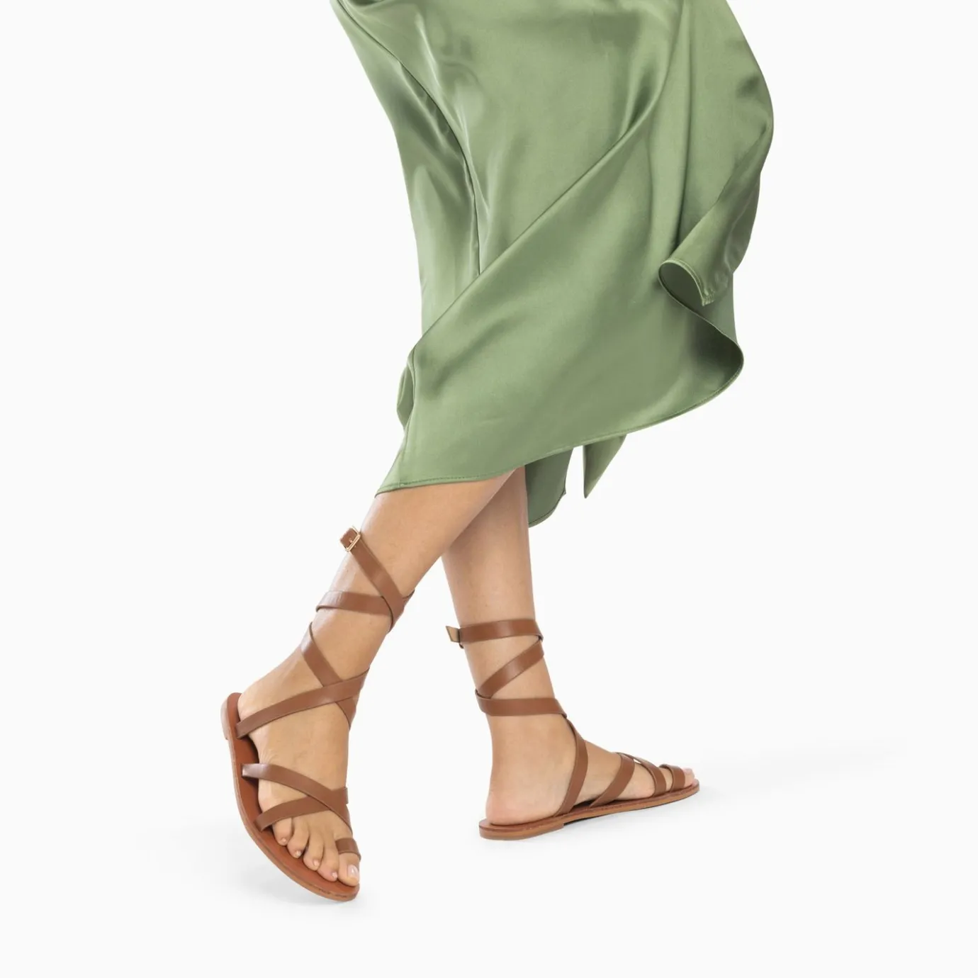 Vanessa Wu Sandales Plates | Sandales Plates Cassiopee Camel A Laniere De Cheville Trois Tours Et Passe-Pouce